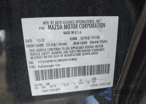 2008 Mazda Mazda6 I Grand Touring z USA, uszkodzony, nr VIN 1YVHP81C985M15462